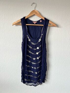 Women's Navy Sleeveless Sequin-Trim Tank Top